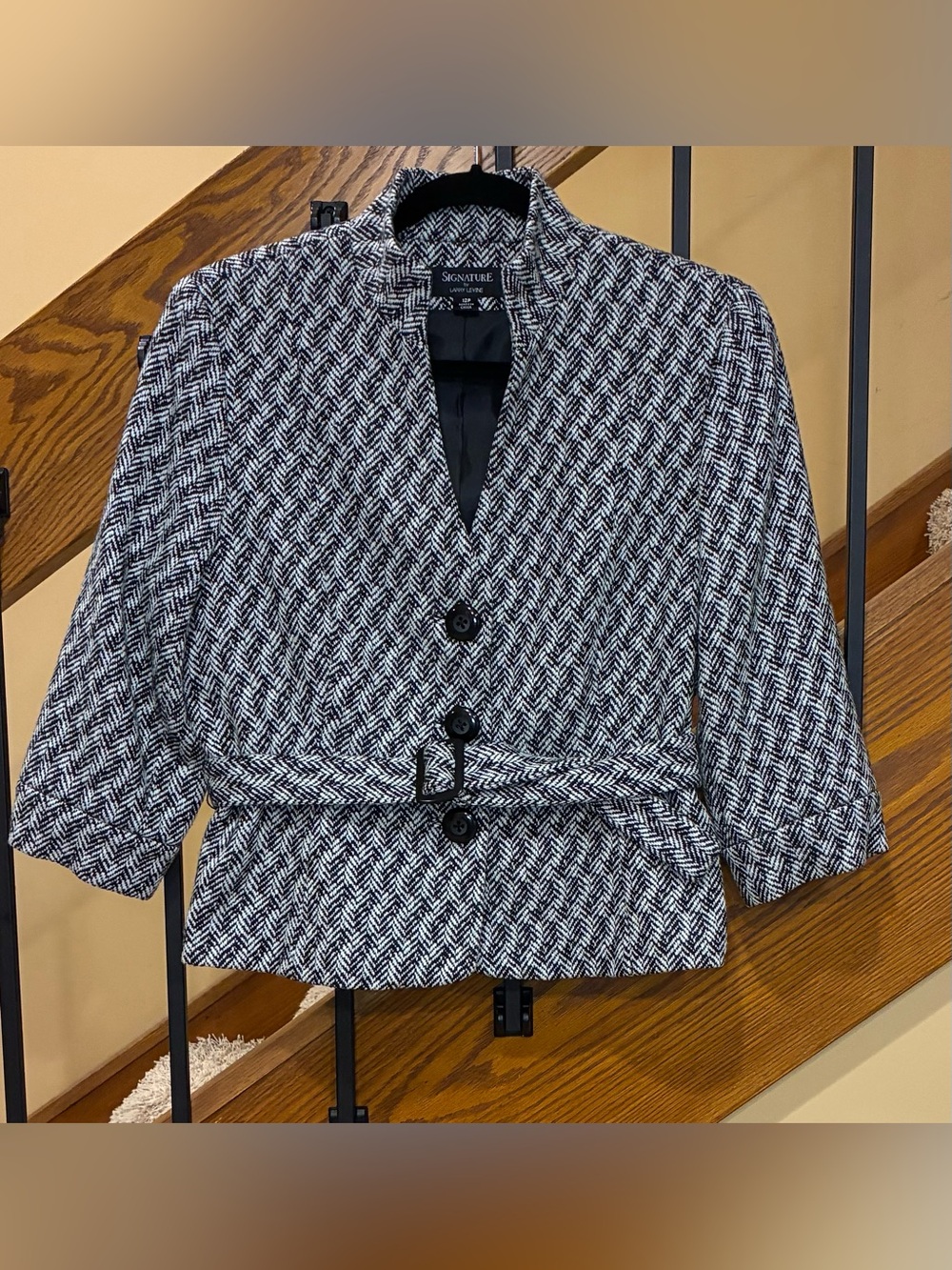 Larry Levine Jacket Blazer Herringbone Belted Lined cropped black white SZ.12P